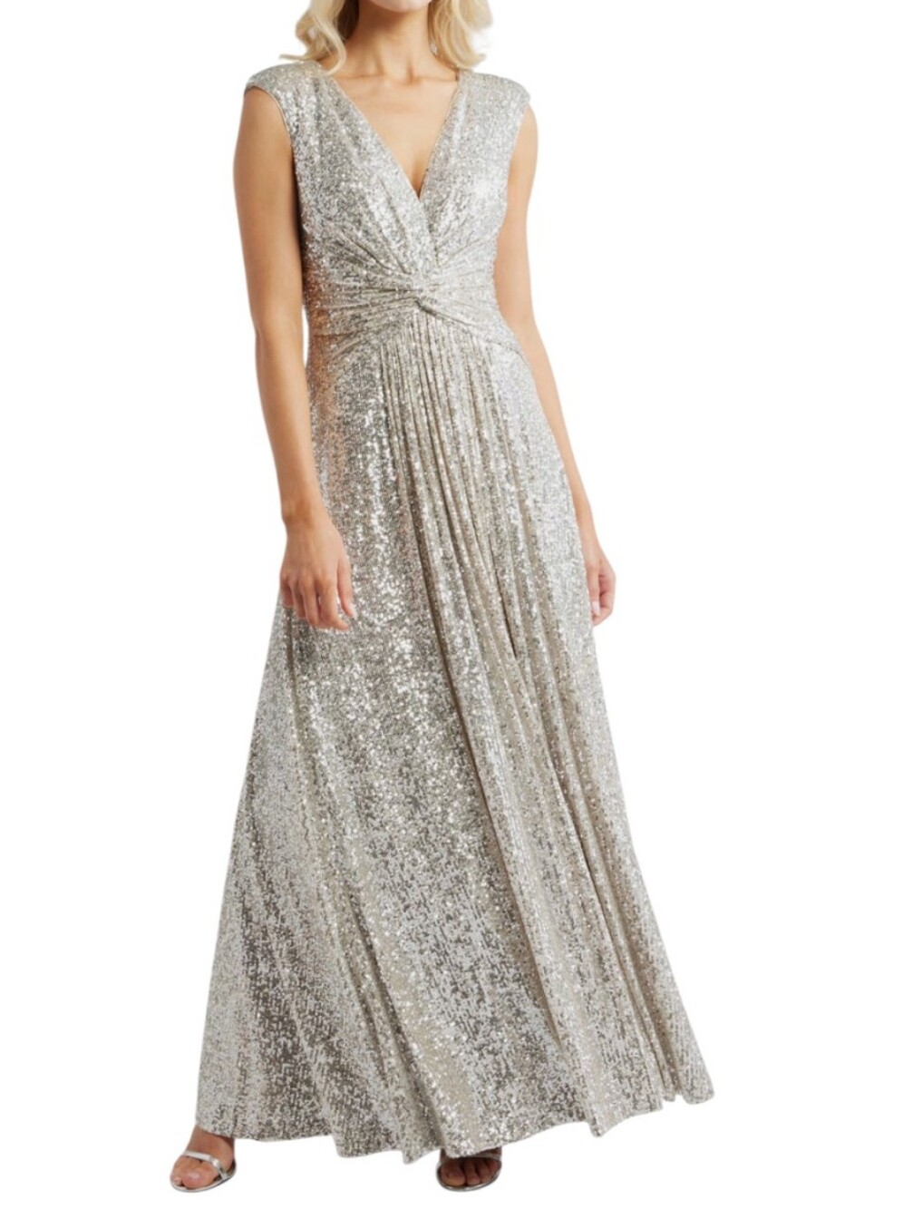 Eliza J Sleeveless Sequin Twist-Front Evening Gown in Silver...Size 14